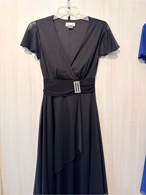 Black Flutter Sleeve Faux-Wrap Dress with Waist Accent